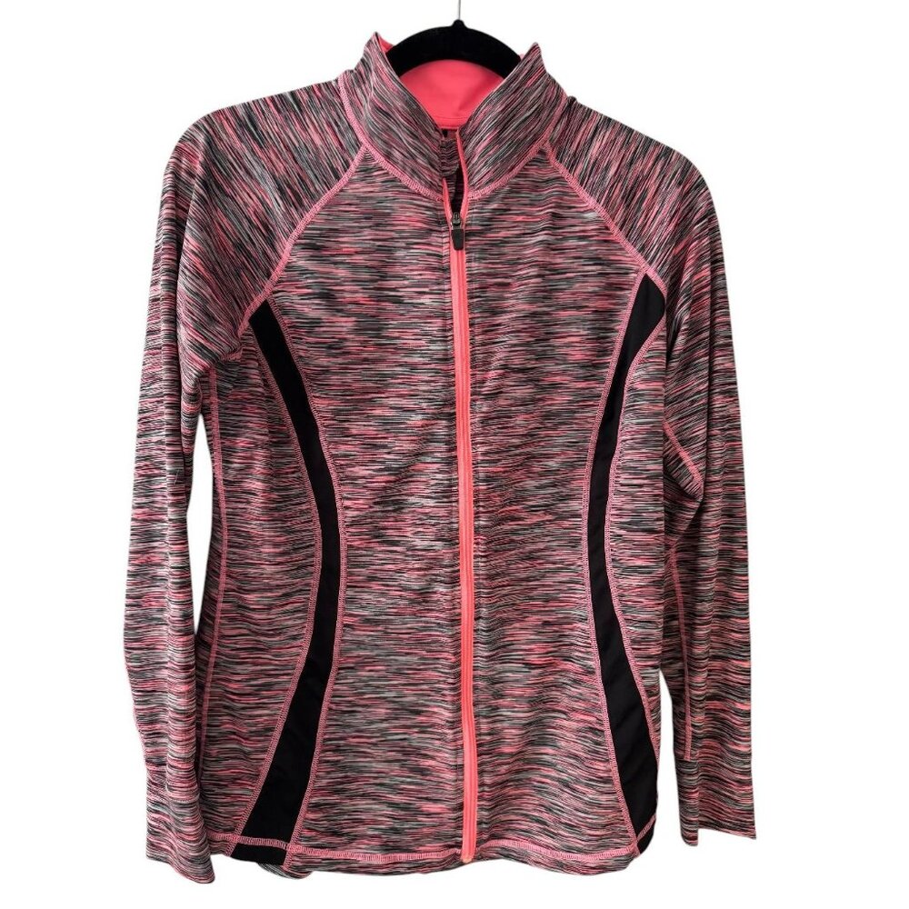 Womens Pink & Gray Striped Full-Zip Athletic Jacket With High Collar & Raglan Sl
